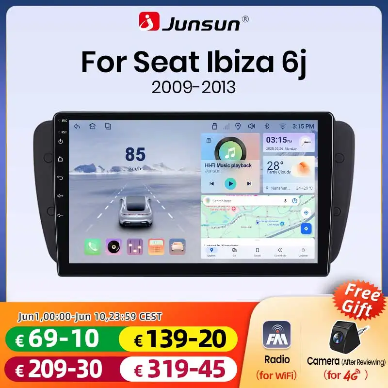 Autoradio Android 15 Junsun pour SEAT Ibiza 6J 2009-2013 avec CarPlay sans fil, Android Auto, GPS, 4G, WiFi, DSP, FM, Lecteur Multimédia et Unité Centrale de Navigation