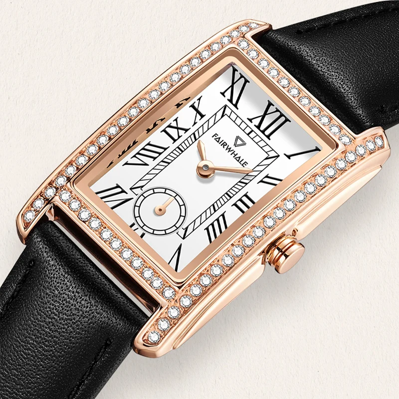 MARK FAIRWHALE Women's Quartz Watch FW-3430 Rectangle Diamond Bezel Small Subdial Soft Leather Strap Ladies Wristwatch