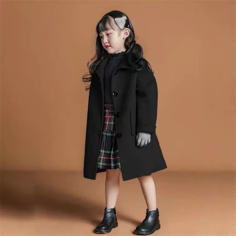 Girls Woolen Coat Jacket Cotton Outwear Windbreak 2023 Red Wine Warm Plus Thicken Velvet Winter Autumn Party Children\'s Clothing