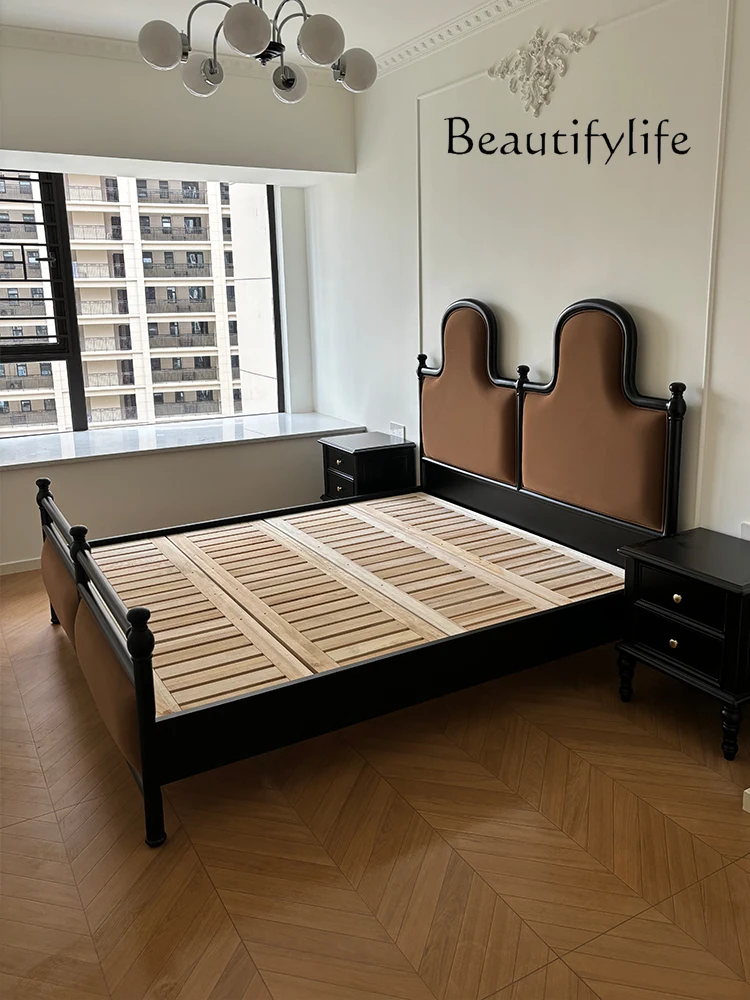 

French Retro Black Solid Wood Double Bed Velvet Soft Pack Bed American Roman Column Bed