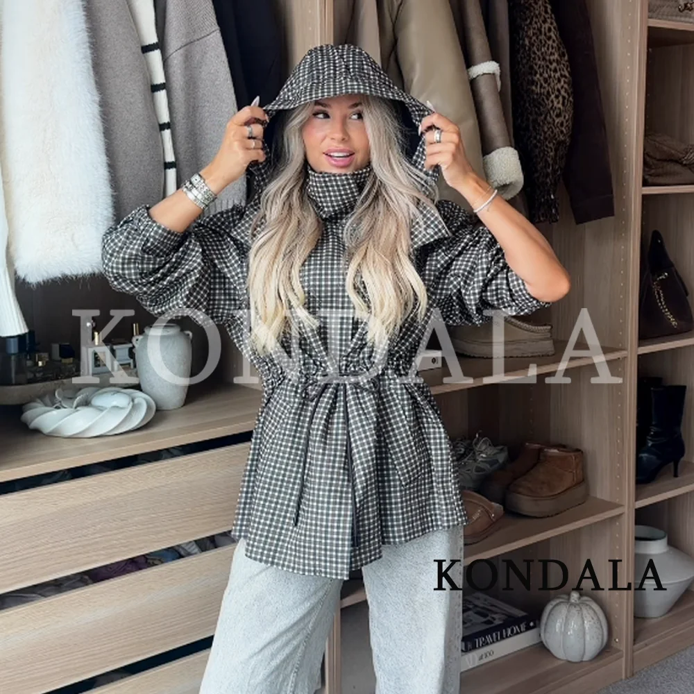 KONDALA Damen Freizeit-Kapuzenjacke im Karomuster, Vintage Pendlerjacke mit Reißverschluss und Taillenbund, Herbst 2026, Trendige, elegante, lockere Streetwear-Jacke