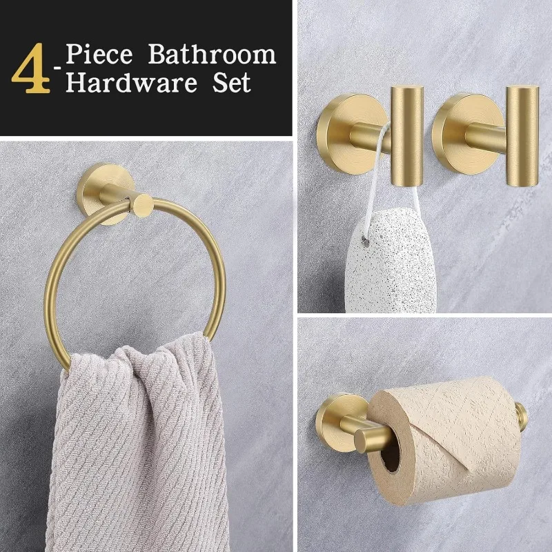 Bathroom Hardware Set, 4-Piece Towel Bar Set Include Toilet Paper Holder,Towel Ring and 2 Towel Hooks Stainless Steel Wall