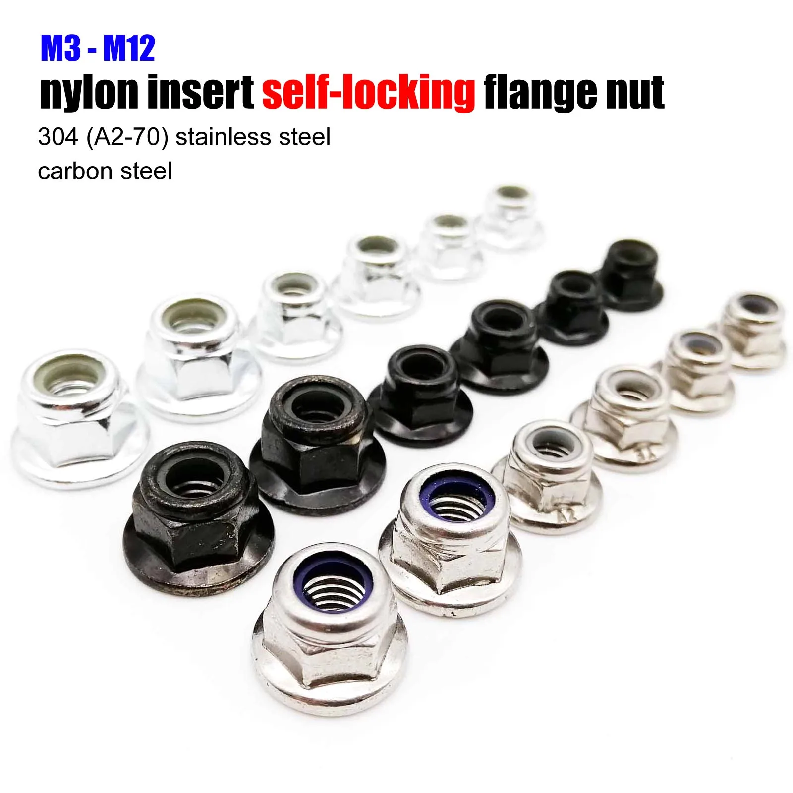 M3 M4 M5 M6 M8 M10 M12 negro carbono 304 A2 brida hexagonal de acero inoxidable tuerca de bloqueo de inserción de nailon tuerca de bloqueo Nylock autoblocante