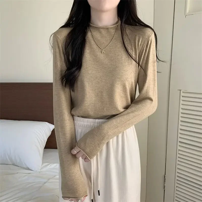 سترة محبوكة عصرية بأكمام طويلة بلوفرات نسائية برقبة وهمية أبيض وأسود سترة متماسكة بلوفر نسائي علوي Sueter Feminino Q800