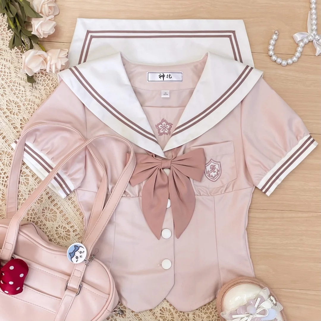 2025 Summer New Sweet JK Sailor Uniform Japanese College Long Short Sleeve Cute Bow Top Elegant A-line Pink Short Pleated Skirt