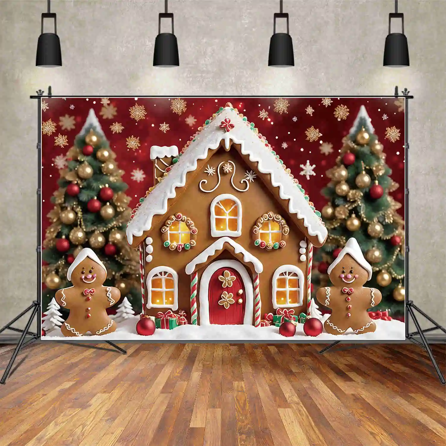 

MOON.QG Christmas Tree 2025 Backgrounds Gingerbread House Gift Children'S Snowflake Backdrops Party Decorations Photo Zone Props