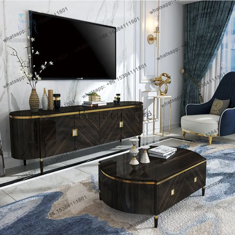 55Neoclassical light luxury solid wood TV cabinet coffee table combination modern simple ebony decorative cabinet
