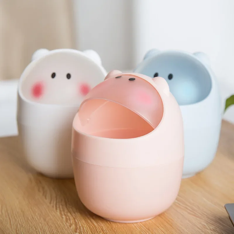 Cute Desktop Mini Flip Garbage Storage Bucket Cartoon Pig Office Household Accessories Desk waste container Bucket  Trash Can