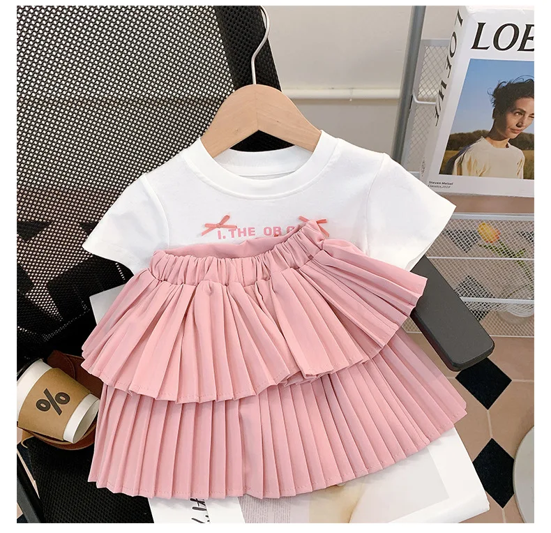 Summer 2024 Children Girls Bow Short-sleeved T-shirt + Pleated Skirt 2PCS Clothing Sets Letters Tops Skirt Clothes Suits