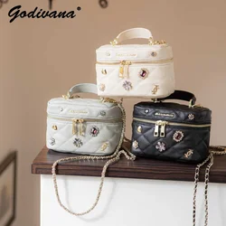 Mini bolsa de ombro com diamante para mulheres, incrustada com diamante, bolsa crossbody fofa, pacote de batom japonês, corrente pequena, nova