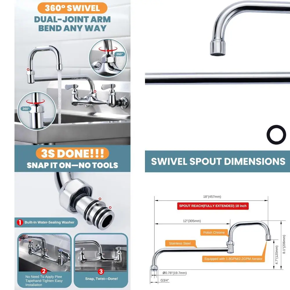 

18 Swivel Nozzle for Commercial Kitchen Sink Faucet - Chrome Finish, 1.8/2.2 GPM Aerator, G3/4 Threads