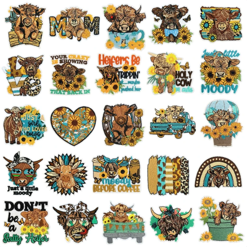 Creative Cartoon Western Highland Yak Leopard Sunflower Sew Iron-on Embroidery Patches DIY Clothes Bag Decorative Badge for Gift