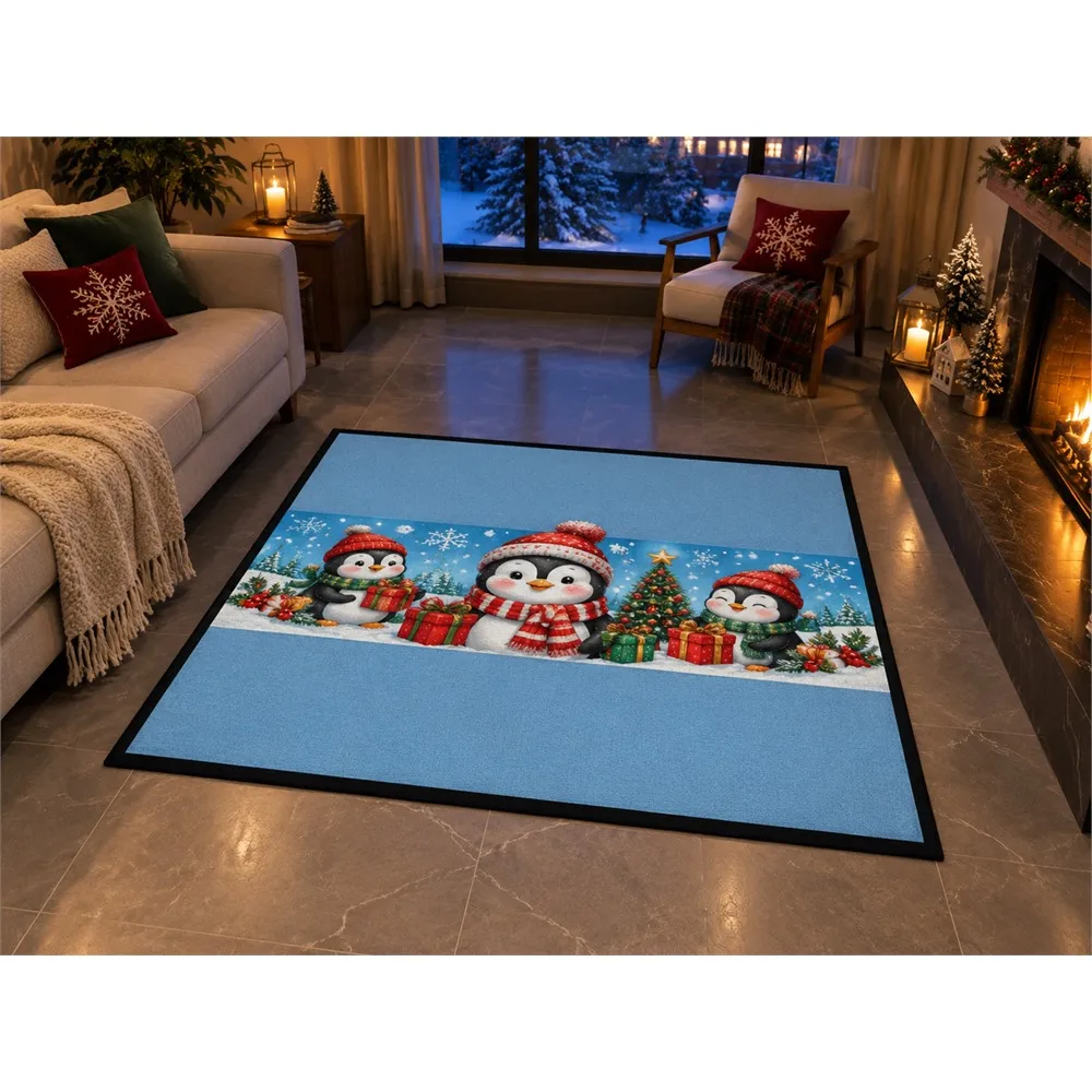 VIKAMA Christmas Ice Blue Penguin Flannel Door Mat, Anti-Slip Washable Xmas Rug, Christmas Decor for Living Room, Kitchen
