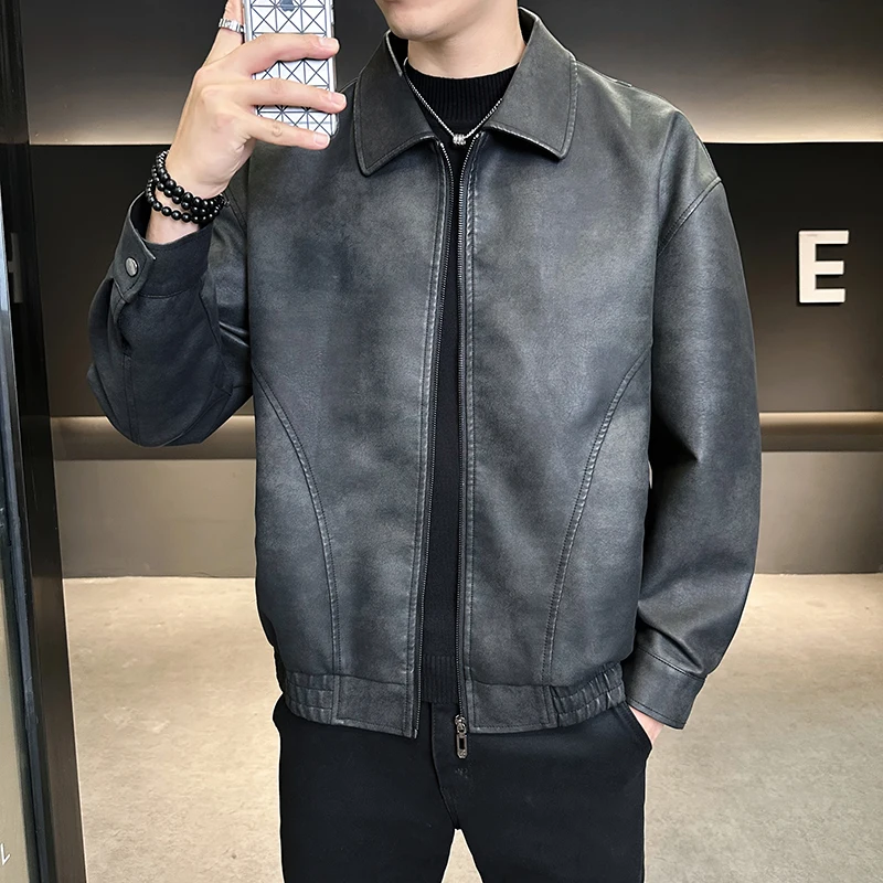 

Мужская модная куртка с лацканами, кожаная куртка в корейском стиле, новая мужская ветрозащитная мужская кожаная куртка с декоративным воротником-стойкой и карманами