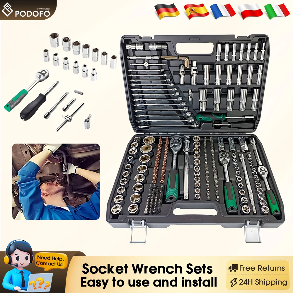 Podofo 216 قطعة أداة ميكانيكي مجموعة 1/4 "3/8" 1/2 "مفتاح بانة مجموعات إصلاح السيارات المفك اسئلة وجع الصلب سيارة أداة #1