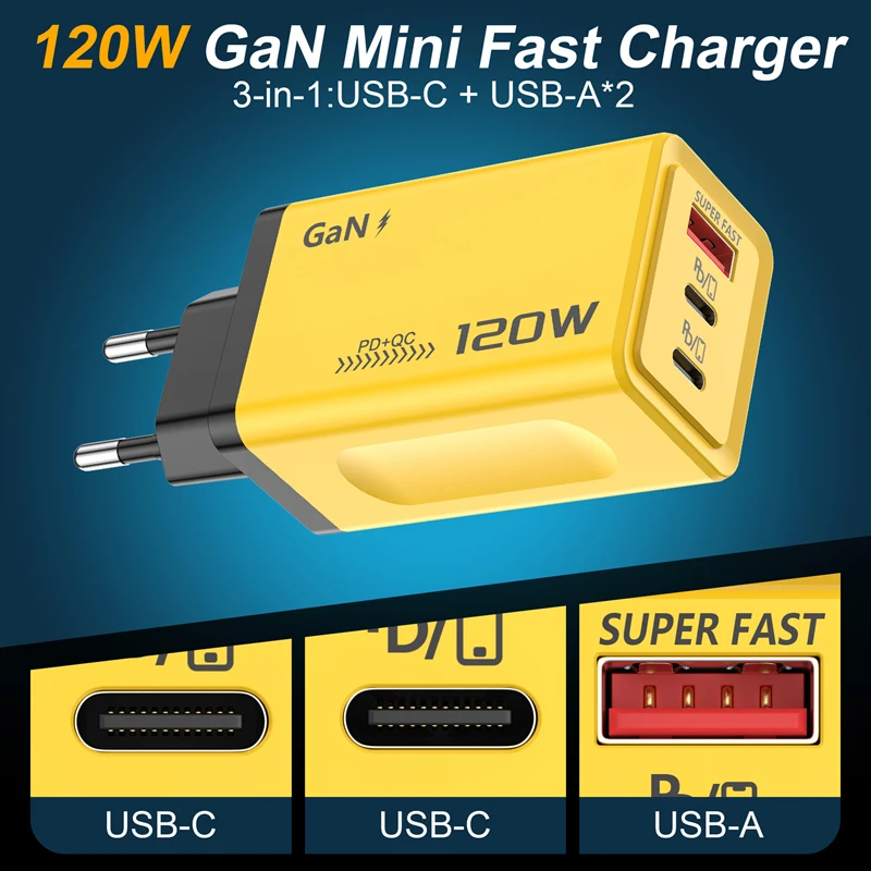 Lenovo 120W Schnellladegerät USB+Dual-PD-Anschlüsse Multi-Port USB-C-Ladegerät Kompatibel mit US-EU-UK-Standards für Smartphones – Detail 5