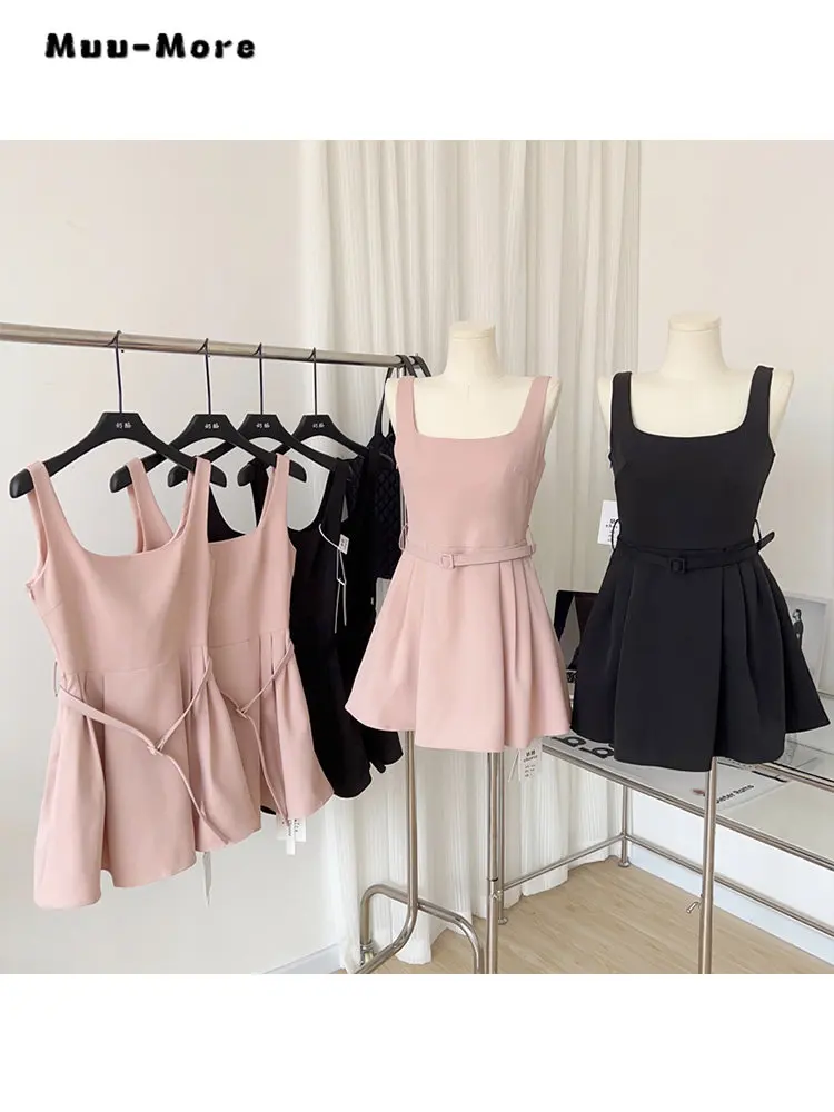 Women High Street Square Collar Sexy Backless Solid Color Camisole Dresses 2023 Summer High Waist Hotsweet Beachwear Club Dress