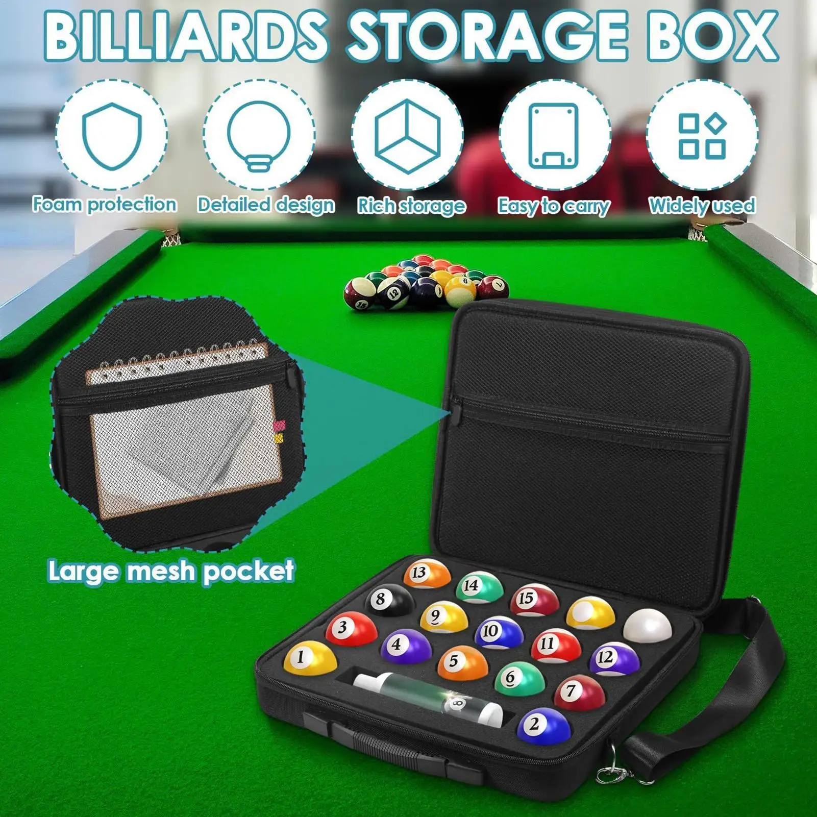 

Pool Ball Case Carrying Large Capacity Portable Organizer Padded Billiard Carrying Bags 17 American Balls Billiard Accessories