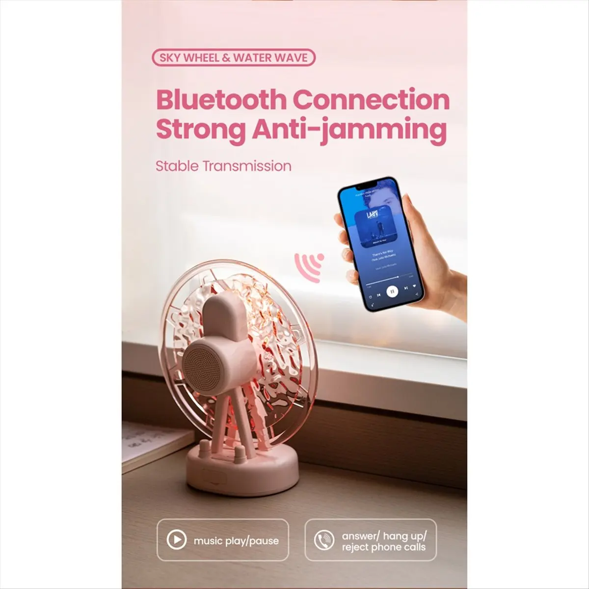 Wheel Wave Lamp Speaker with White Noise Music, Pink ABS Bluetooth speaker