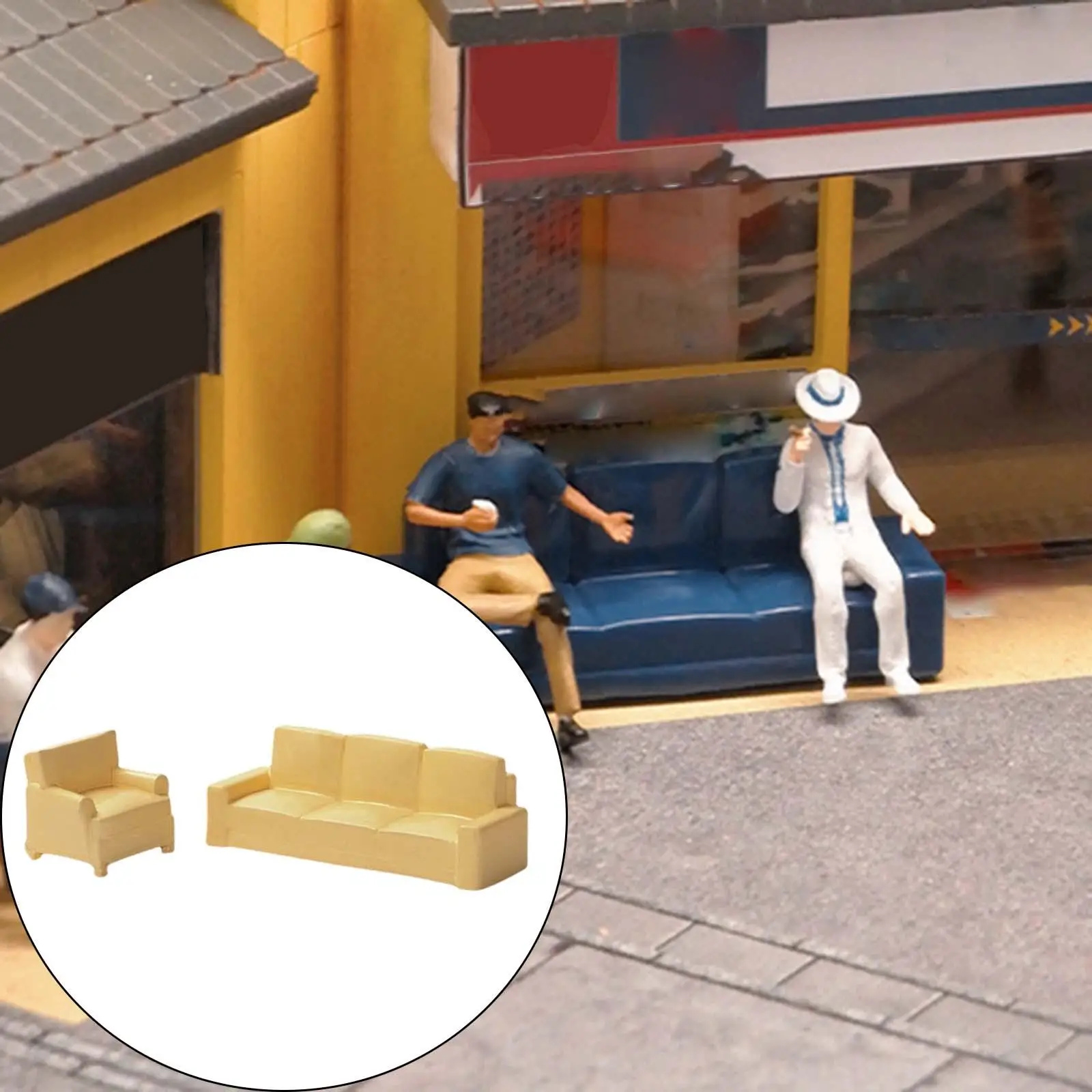 2 Buah Resin Simulasi Sofa Rumah Boneka untuk Dekorasi Model DIY Rumah Boneka 1/64 Beige