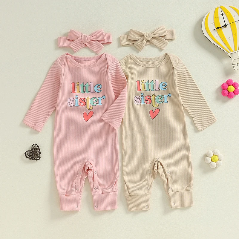 Little Sister Newborn Outfit Fall Clothes Letters Long Sleeve Ribbed Romper 1Piece Jumpsuit Preemie Girl Clothes