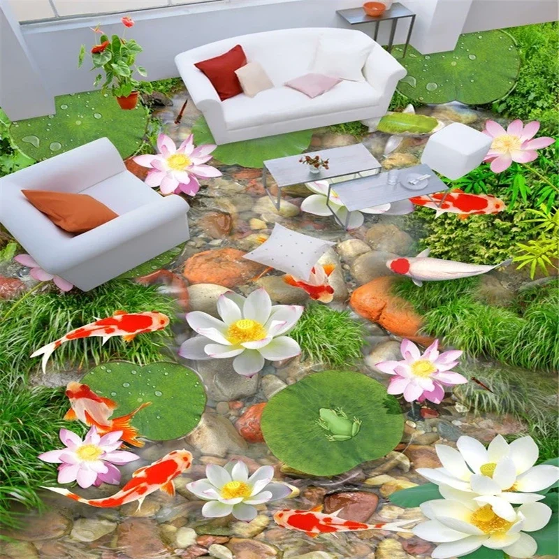 

beibehang Самоклеящиеся 3D-обои для пола с изображением лотоса и золотых рыбок, для туалетов и ванных комнат