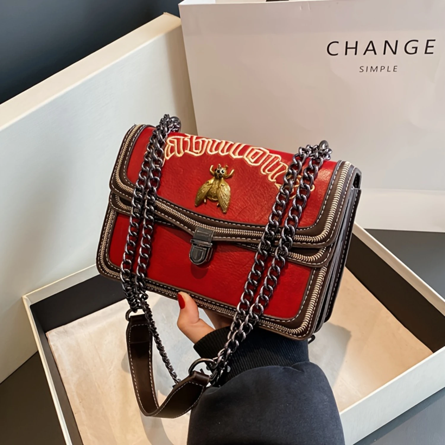 

Vintage Colorblock Mini Shoulder Chain Bag, Textured Flap Handbag, Women's Niche Design Purse