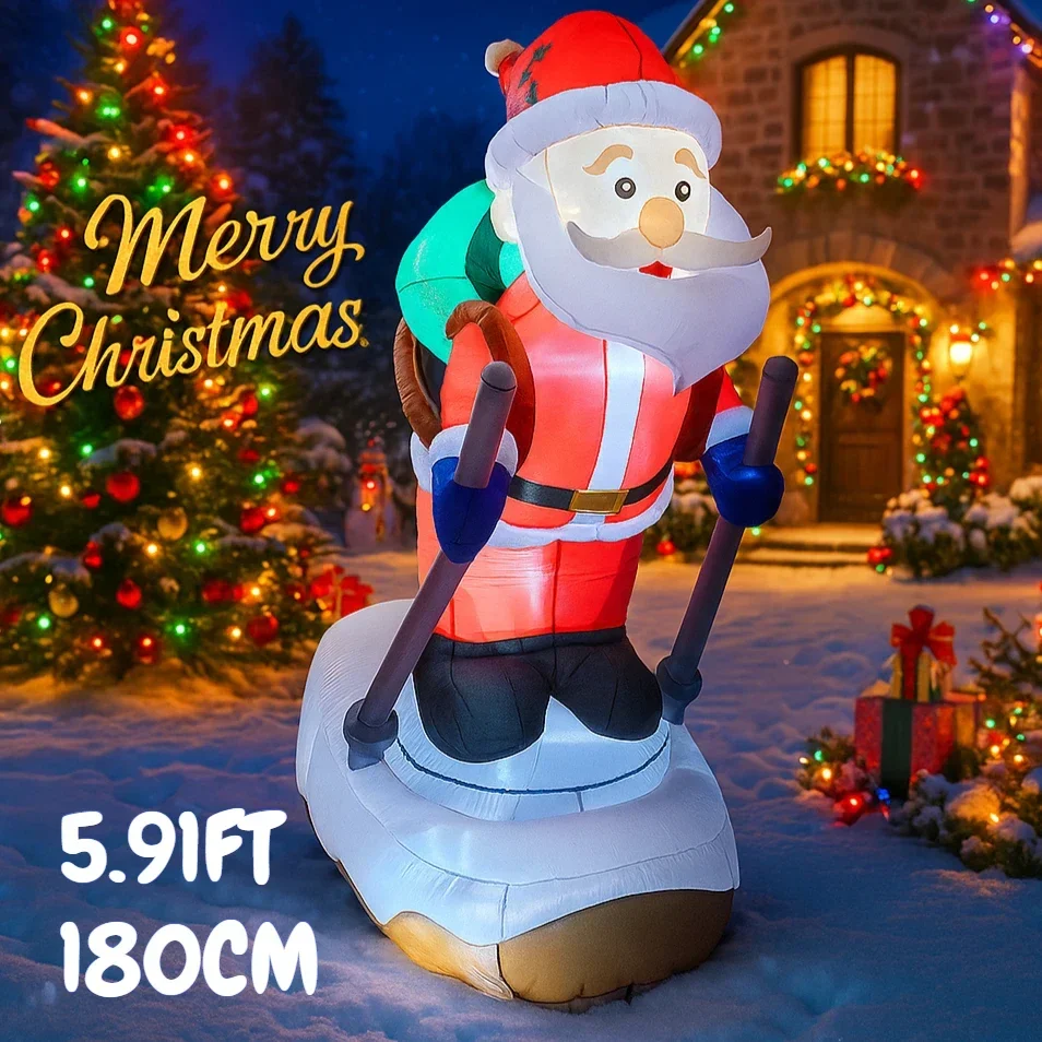 5.91FT Inflatable Toy Santa Snowboard with LED Light Christmas Decorations for Yard Xmas Supplies Home Ornaments Festive Gift