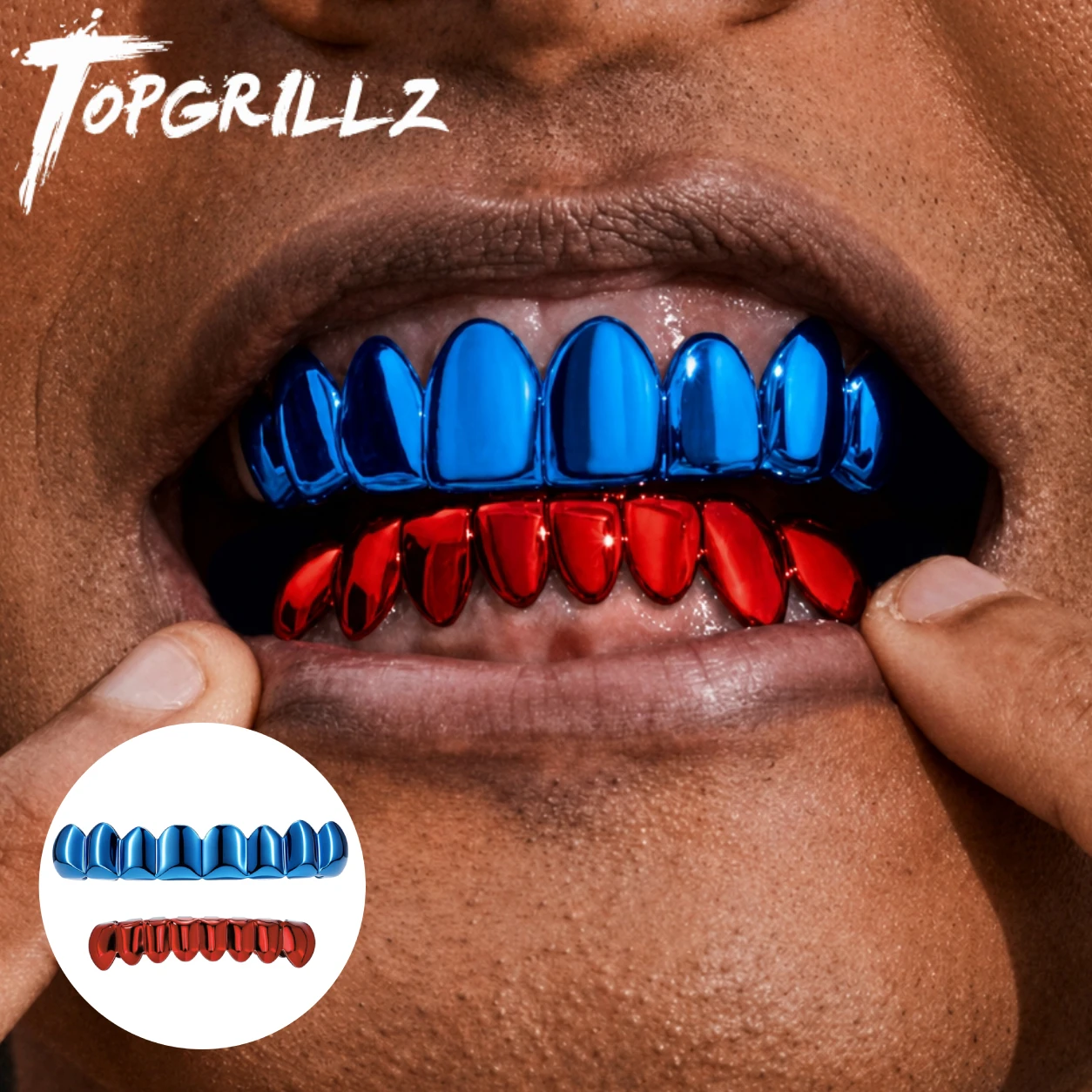 TOPGRILLZ Spiegelrotes Grillz-Set Ober- und Unterzahn (10 Zähne) & Fang (6 Zähne) Hip-Hop Halloween Cosplay Y2K Schmuck für Männer und Frauen – Detail 8