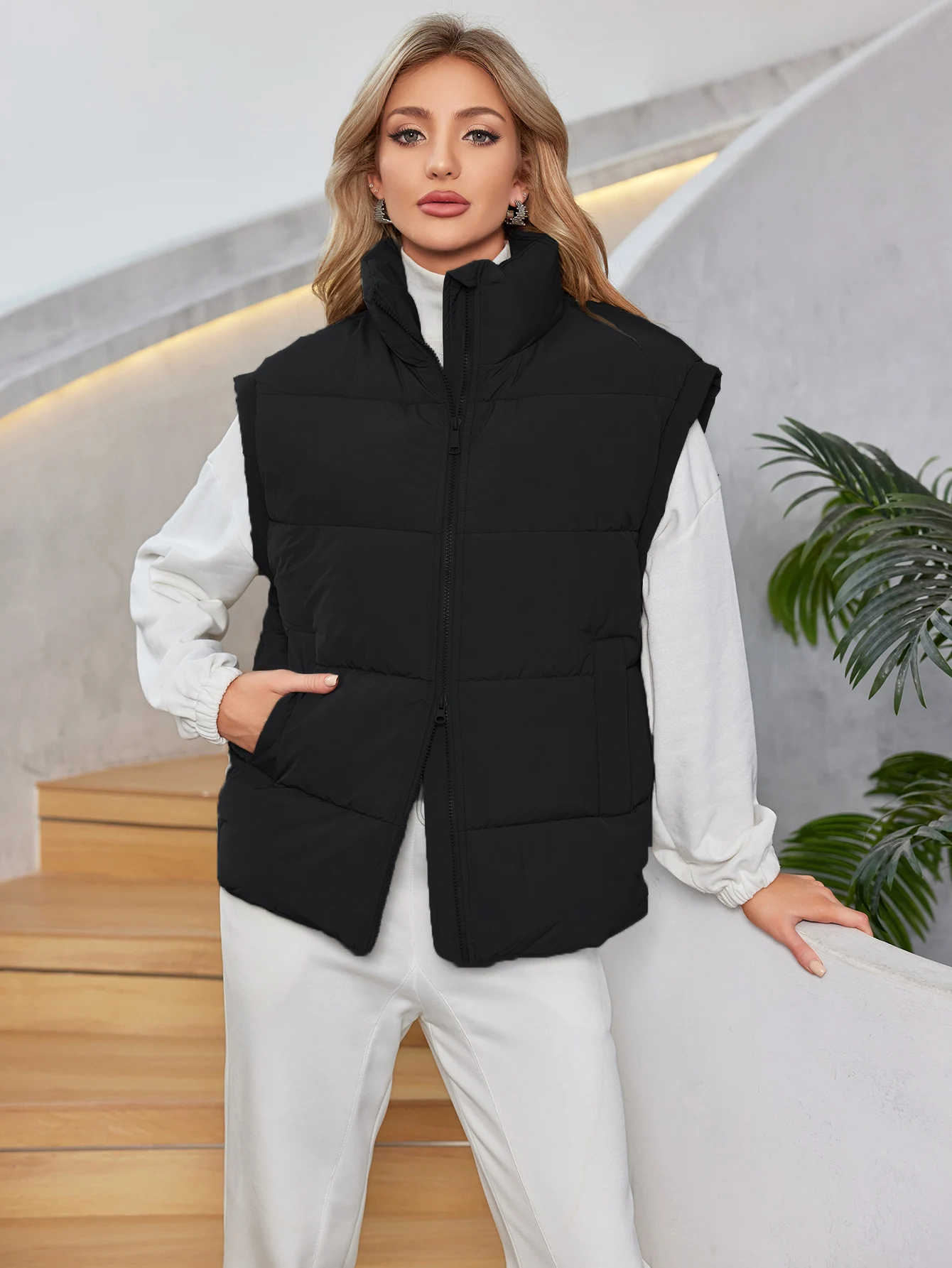 콘시소 여성 오버사이즈 아우터 패딩 조끼 스탠드 칼라 재킷 풀 지퍼 슬리브리스 버블 패딩 조끼 퀼팅 패딩 따뜻한 코트