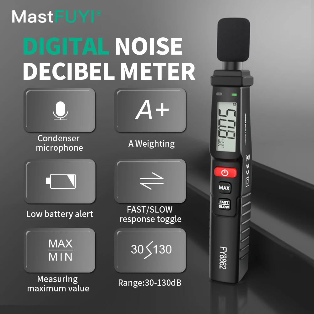 

MASTFUYI FY8862 Handheld Noise Detector Digital Display Decibel Meter 30-130DB Sound Level Indicator Mostly used in home schools