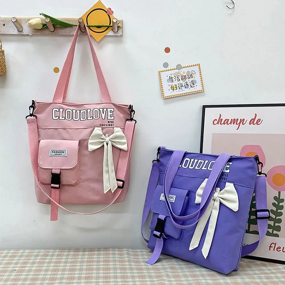 Cute Canvas Shoulder Bag Bowknot Portable Tote Bag Large Capacity Underarm Bag for Women