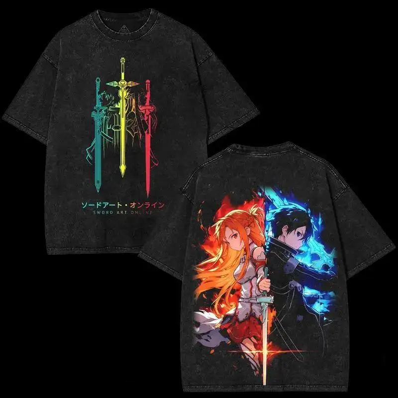 Camiseta lavada Sword Art Online, nuevo modelo, camiseta para amantes del anime, ropa de gran tamaño para todo el año, ropa de calle unisex Y2k, mangas cortas