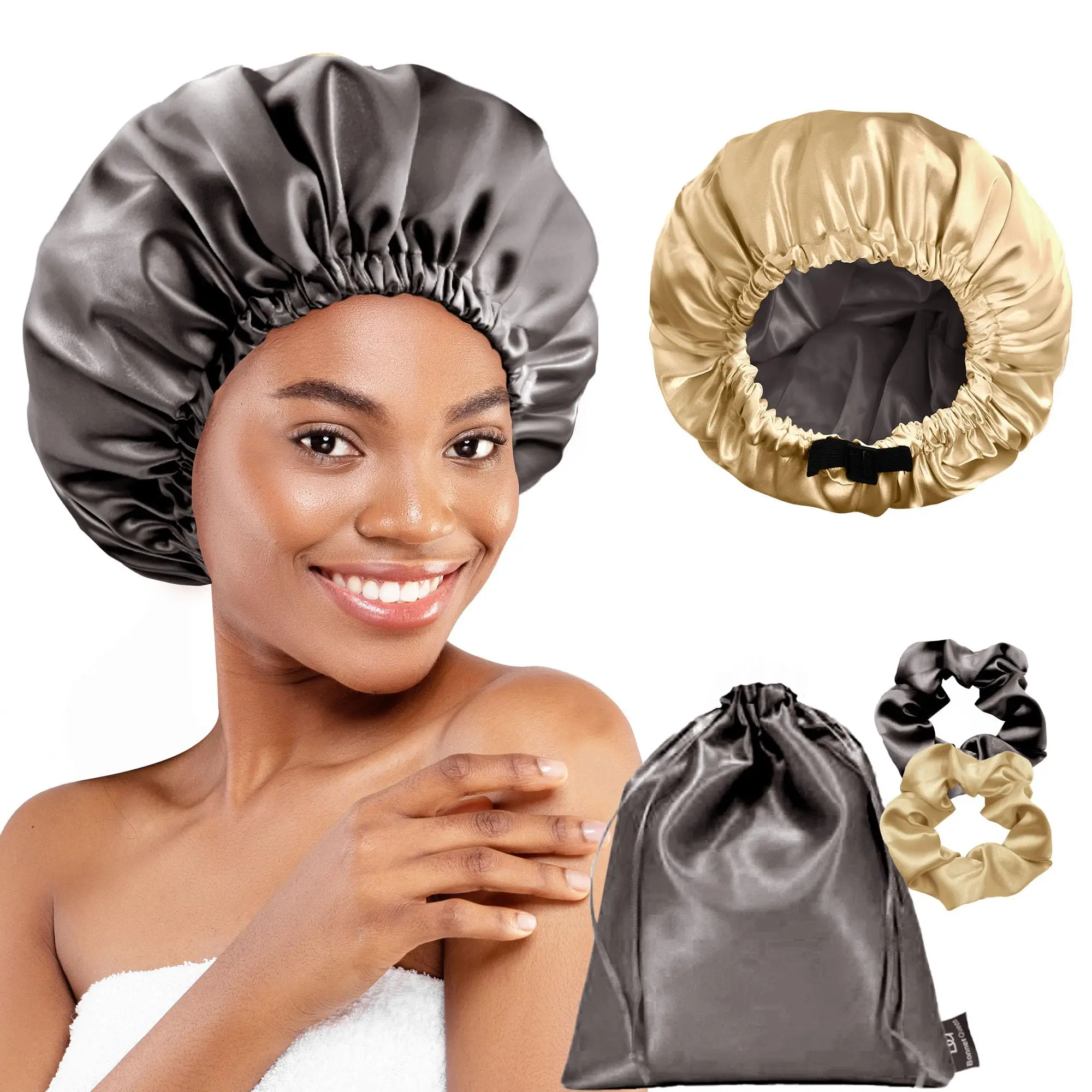 BONNET QUEEN Silk Bonnet for Sleeping Women Satin Double Layer Reversible Hair Curly Night Sleep Cap 4 Items Gift Pack Gold Grey