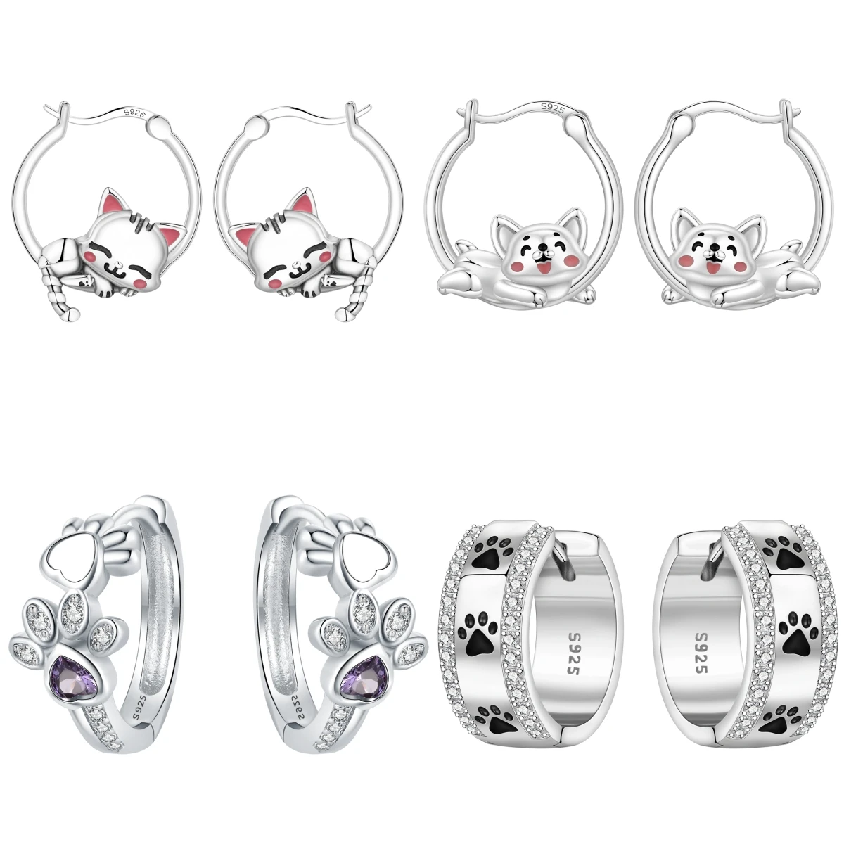 MISEFF S925 Sterling Silver Earring Cute Cat and Dog Paw Print Hoop Earrings Fashion Jewelry For Women Birthday Gift