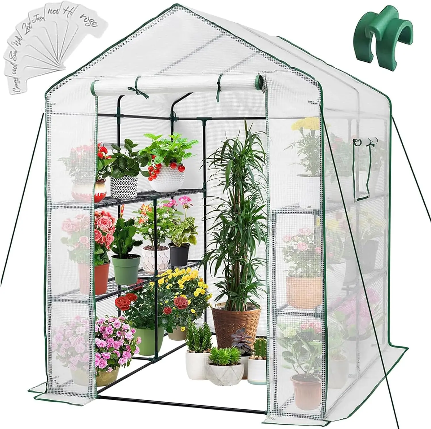 

Portable Walk-in Greenhouse Kit with Mesh Windows, PE Cover & 8 Shelves for Outdoor/Indoor Gardening, 57x57x76 Inches