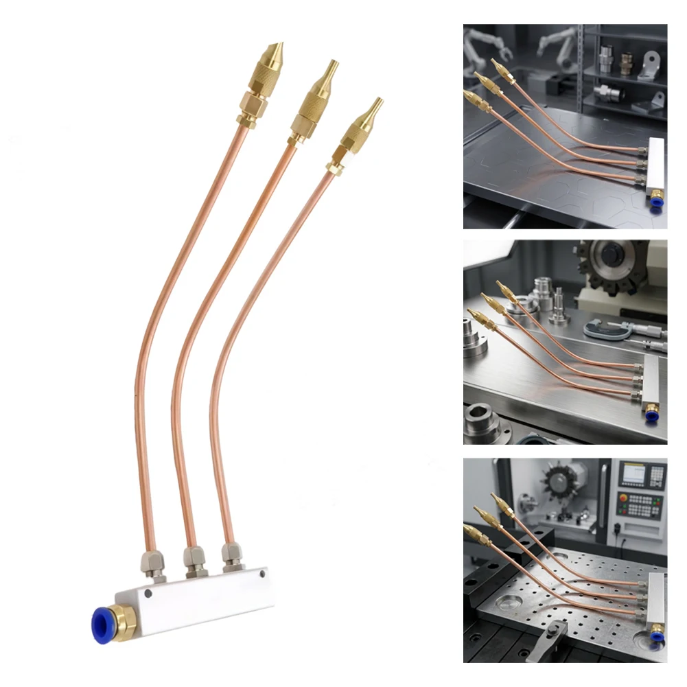 CNC Cooling Spray Nozzle 3 Way Oil Water Air Jet With 6x4mm Copper Tube For Machine Tool Chip Removal And Cleaning Accessory