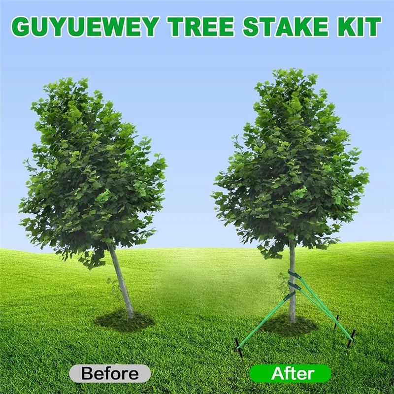 AT21-Heavy Duty Tree Stake Kit- Garden Tree Support System 3Pcs Metal Stakes& 3Pcs Rope Straps For Anchoring