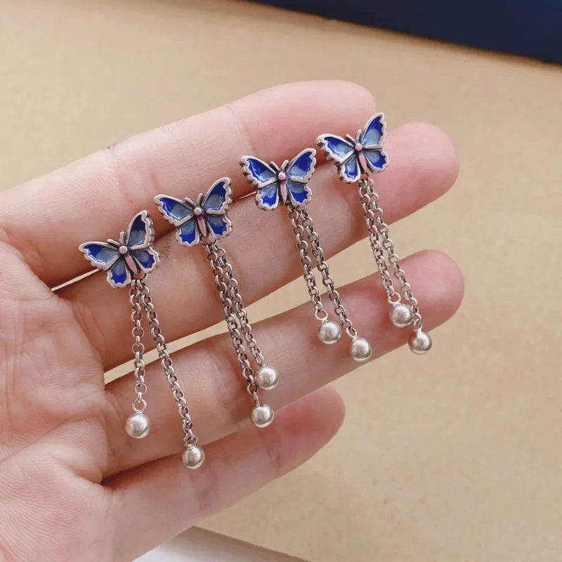 

Ethnic Retro Blue Butterfly Tassel Hanging Earrings For Women 100% 925 Sterling Silver Enamel Long Earring Ear Piercing EH137