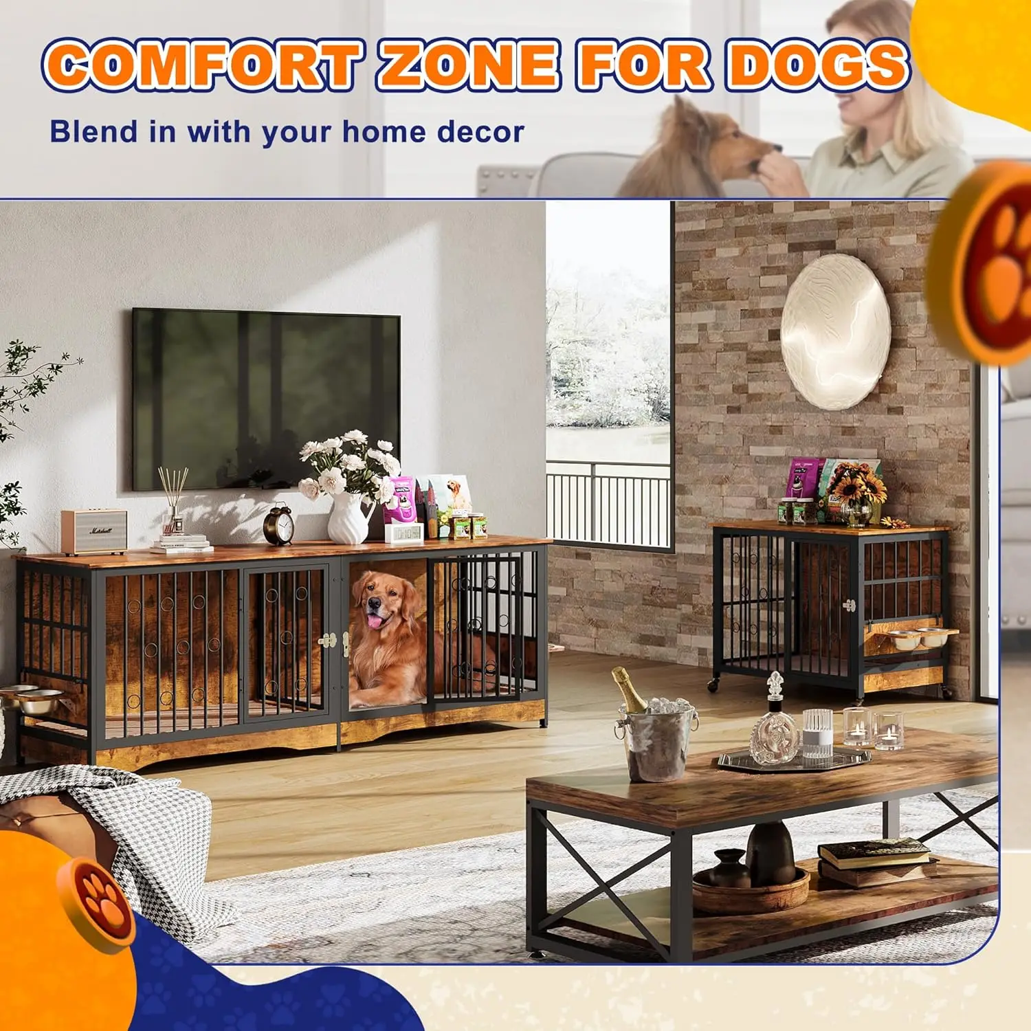 75'' Dog Crate Furniture Large Storage TV Stand with Dual Cushion / Double Rooms,with Removable Divider for Large Medium Dogs