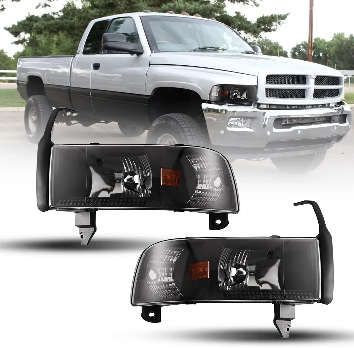 

Headlights Assembly for 1994-2001 Dodge Ram 1500 2500 3500, 1995-2002 Dodge Ram 4000, Headlights w/Amber Reflector, High Low Bea