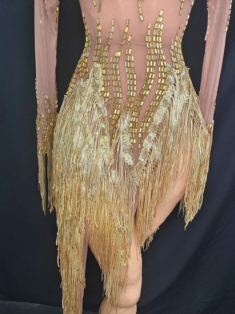Sexy Gold Fringe Dresses Rhinestone Long Sleeve Performance Dress Nightclub Bar Party Rave Clothing Dancehall Queen Outfit 4637