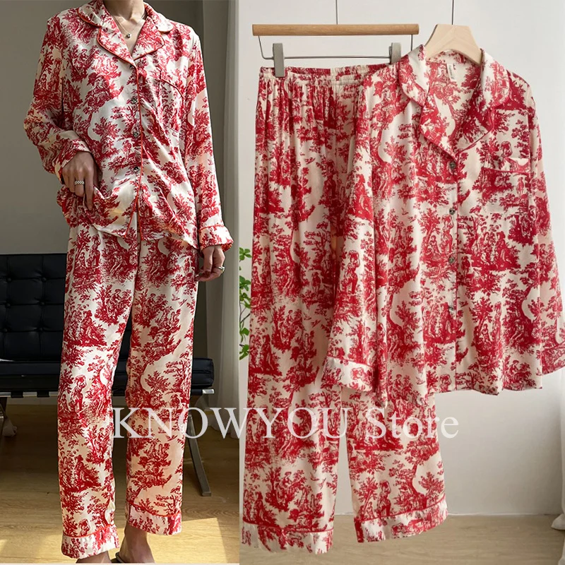 Red Print Pajamas Set Ice Silk Sleepwear Women Soft 2Pcs Pyjamas Long Sleeve Trousers Suit Spring Autumn New Loungewear