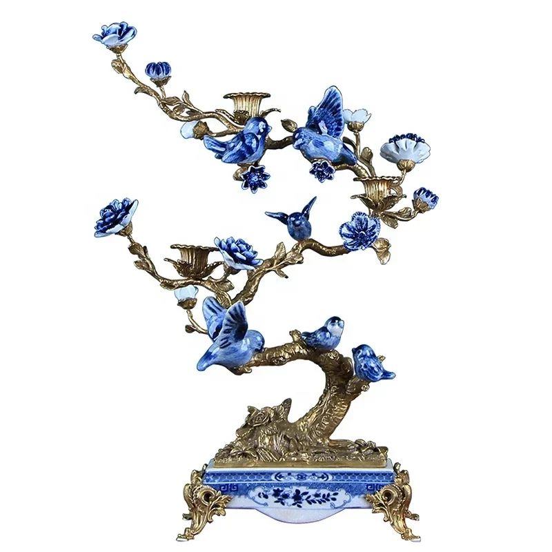 

retro home decoration blue and white porcelain candle holder three cup bird candlestick holder