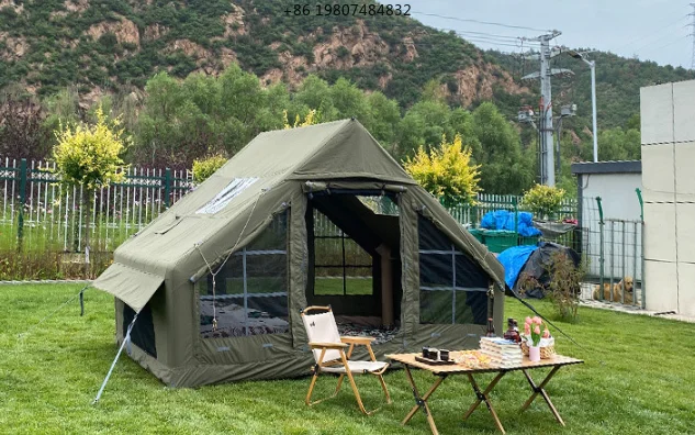 Waterproof Windproof 4 Seasons Oxford Cabin Tent with Mesh Chimney Window Inflatable Camping Air Tent with Hand Pump Easy Setup