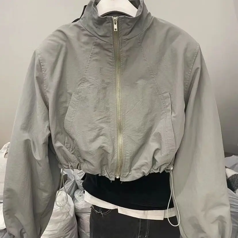 Women Spring Summer Sun Protection Jacket Drawstring Pleated Stand-up Collar Zipper Sweatshirt Short Jacket Lightweight Coat