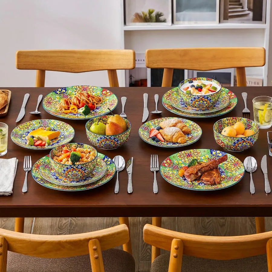 طقم أواني طعام من البورسلين الأخضر مكون من 12 قطعة لـ 4 أوعية وأطباق للميكروويف وغسالة أطباق آمنة ومقاومة للخدش بوهيمية S #6