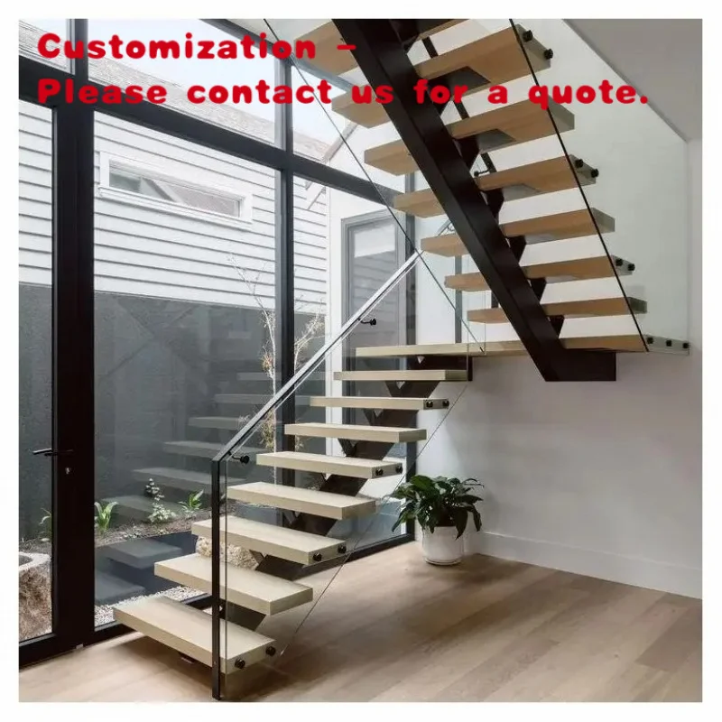 custom.Modern Design Steel Interior Stairs with Wood Tread and Railing Custom Straight Style Apartment Kitchen Use