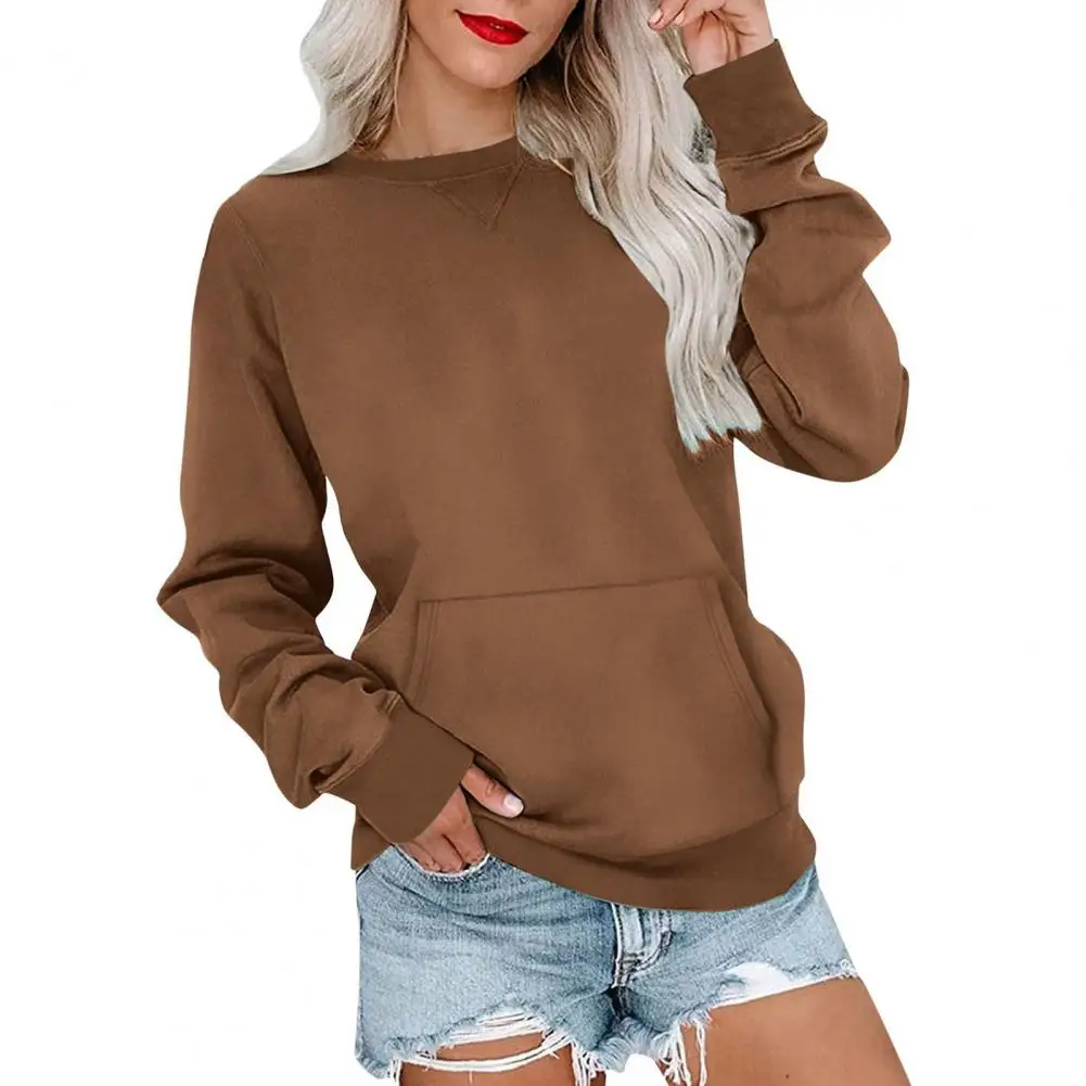 Winter Women Sweatshirt with Big Pocket Long Sleeves Round Neck Loose Solid Color Mid Length Elastic Cuffs Sweatshirt Top