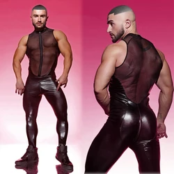 Fetiche Sexy para hombre, mono de cuero con costuras superiores de malla, ajustado, trajes Zentai de cuero, transparente, ropa de Club caliente, disfraces eróticos